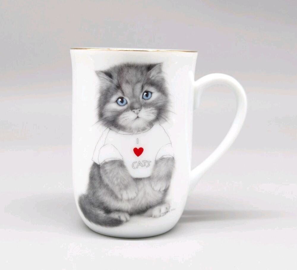 Otagiri I Love Cats Coffee Mug Cup White Gray Longhair Tabby Kitten in T-Shirt